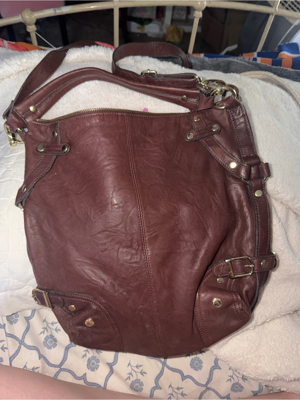 London Fog Leather Shoulder Bag in Deep Burgundy